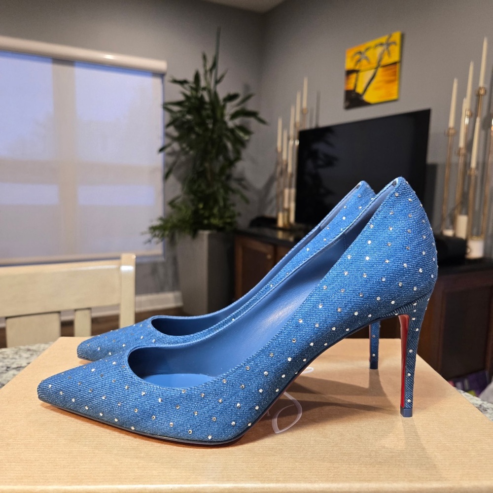 NEW Christian Louboutin Kate Plum Strass Blue Denim Pumps 85mm Size 37